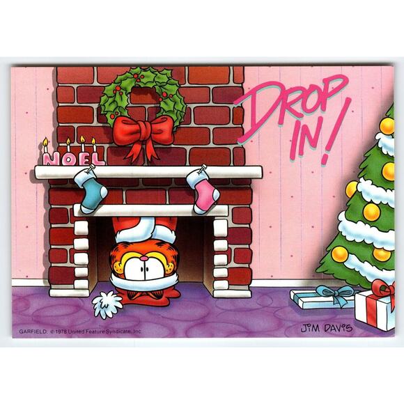 Garfield Christmas Postcard Drop In Chimney Jim Davis Orange Tabby Cat 1978 - Picture 1 of 2